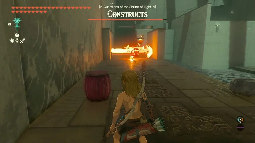 Flame jet sweeping a corridor with an explosive barrel beside it Flame jet sweeping a corridor with an explosive barrel beside it