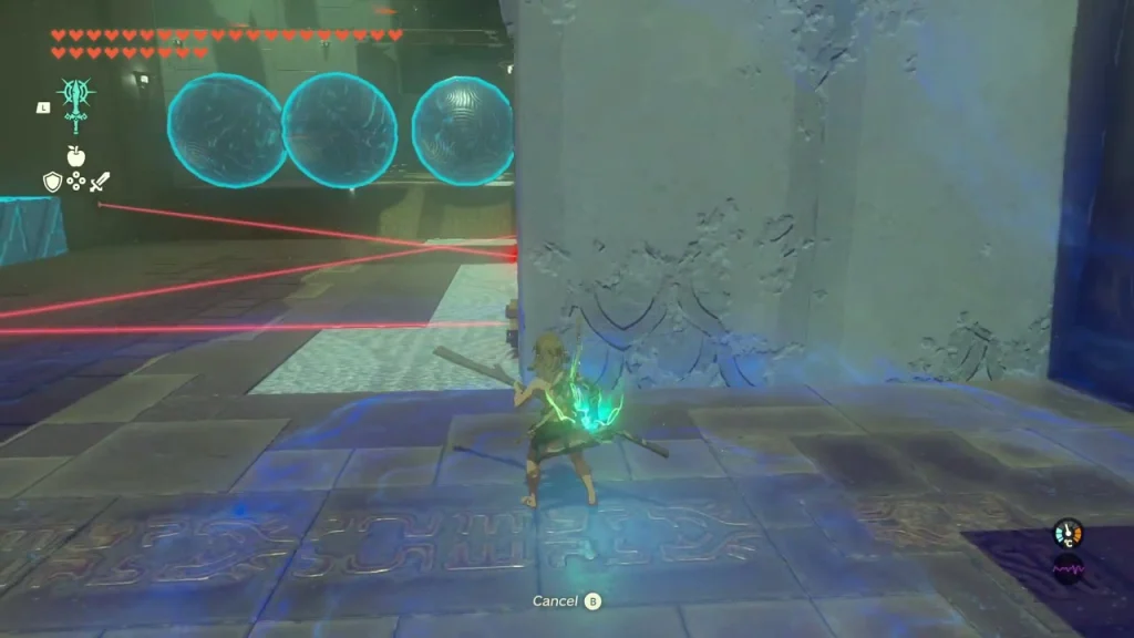 Red laser tripwires crossing a corridor beside blue Ultrahand glow Red laser tripwires crossing a corridor beside blue Ultrahand glow