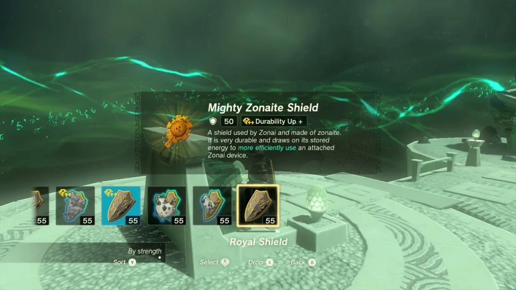 Mighty Zonaite Shield item box shown after opening the shrine chest