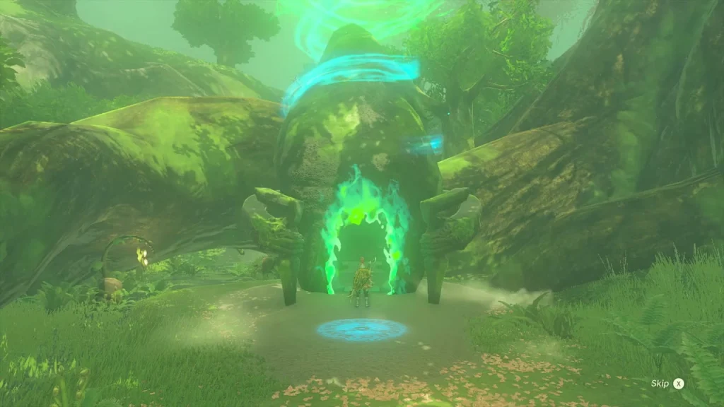 Green-flamed shrine door between two tree trunks Green-flamed shrine door between two tree trunks