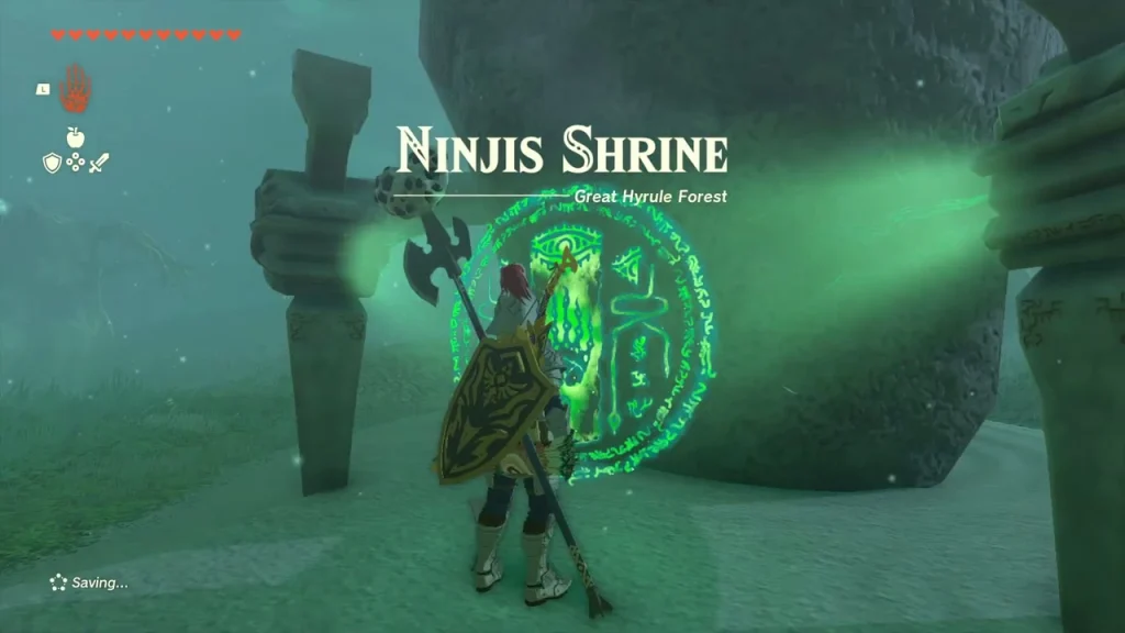 Shrine seal glowing on a mossy rock in the Lost Woods Shrine seal glowing on a mossy rock in the Lost Woods