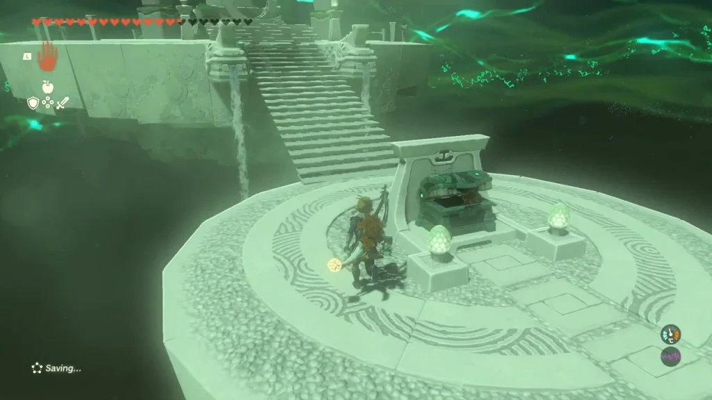 Chest on the circular platform below the shrine stairs Chest on the circular platform below the shrine stairs