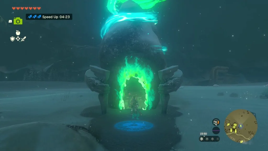 Shrine entrance doorway with green flames and blue platform in the snow