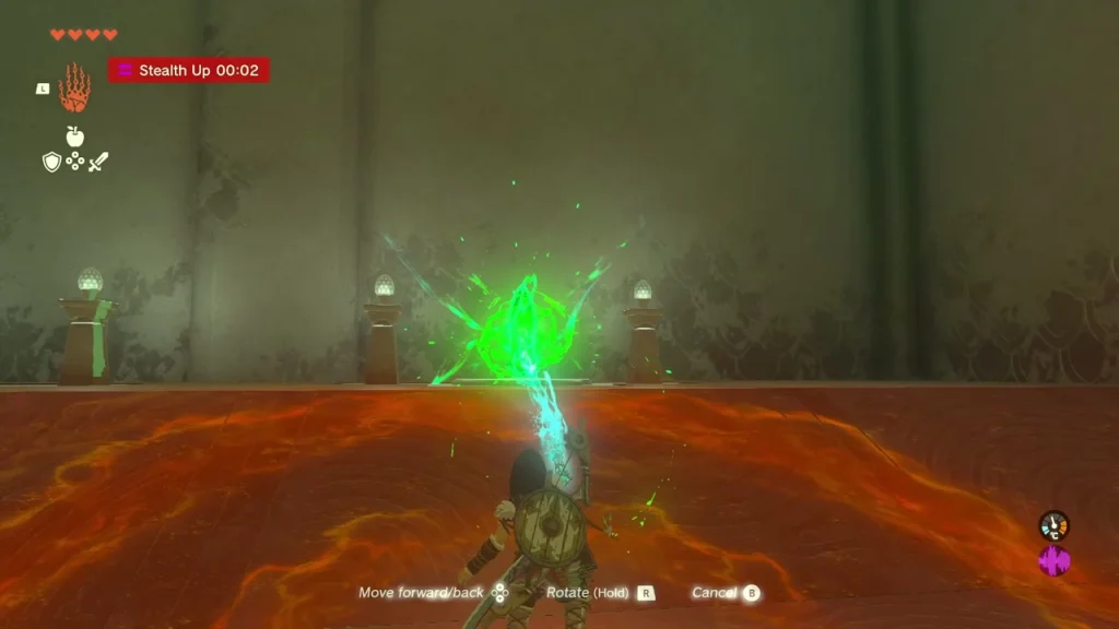 Ultrahand lifting a Zonai device over the lava floor of the first room Ultrahand lifting a Zonai device over the lava floor of the first room