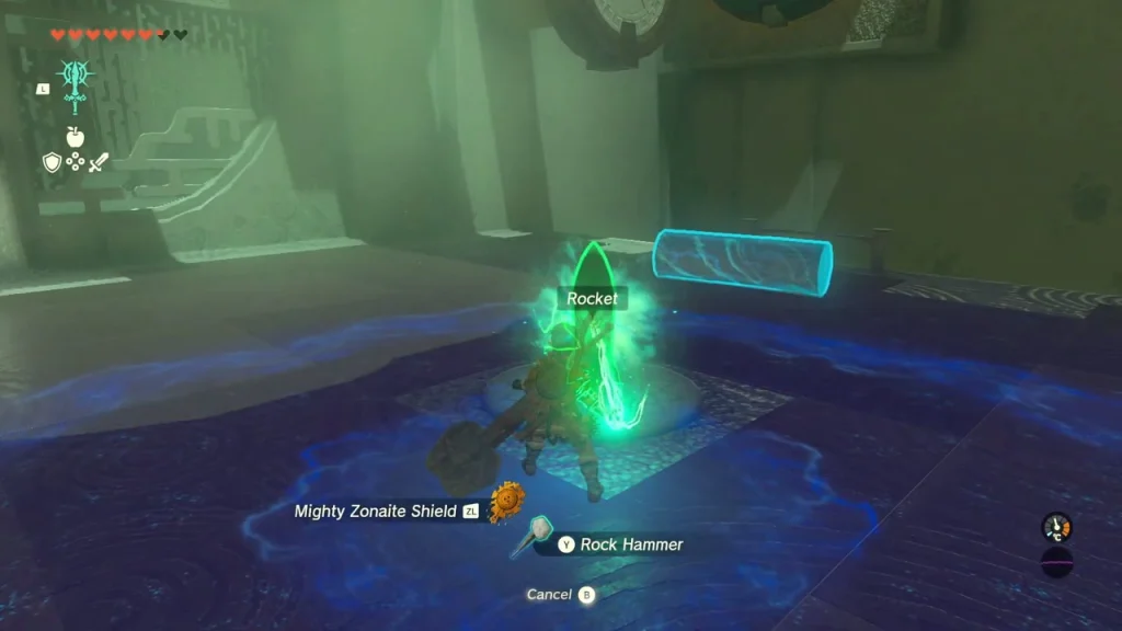 Zonai Rocket being attached to a shield on the floor Zonai Rocket being attached to a shield on the floor
