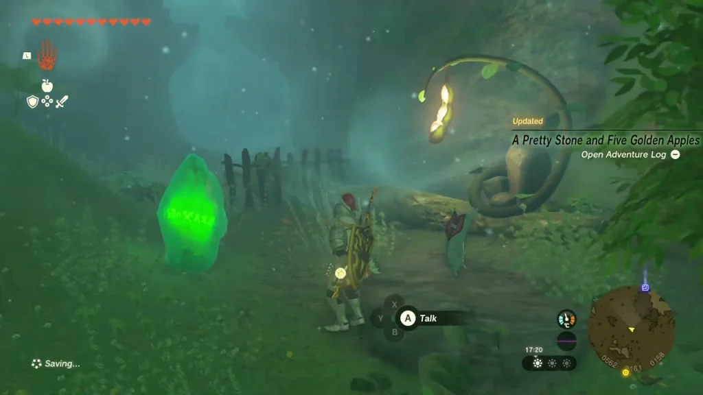 Large green crystal resting beside a Korok on the Mido Swamp path Large green crystal resting beside a Korok on the Mido Swamp path