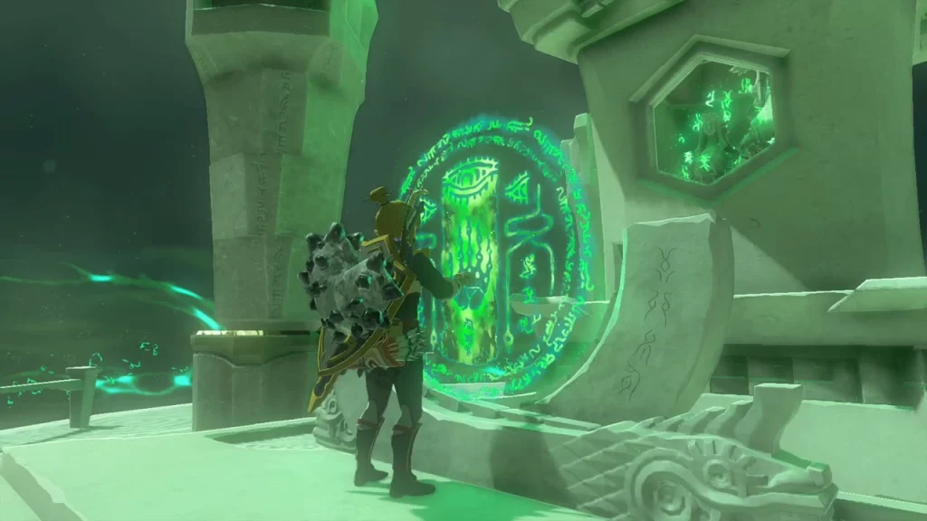 Terminal with a glowing green seal beside the stone dragon head Terminal with a glowing green seal beside the stone dragon head