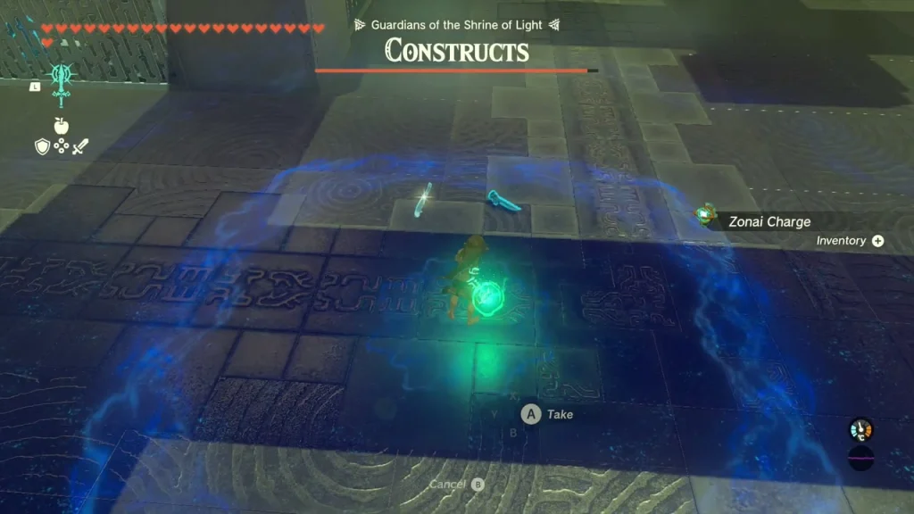 Zonai Charge lying on the blue-glowing floor panel of the first room Zonai Charge lying on the blue-glowing floor panel of the first room