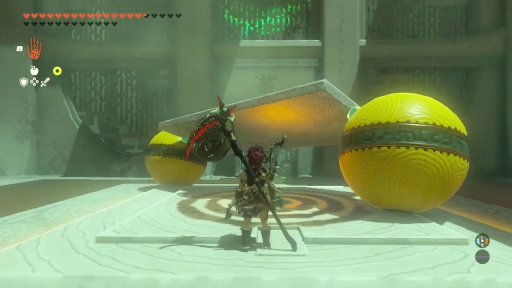 Slab lifted by yellow spheres over the target ring on the far shore Slab lifted by yellow spheres over the target ring on the far shore