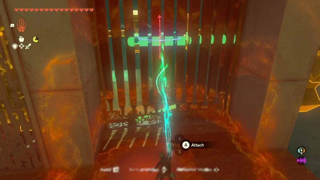 Beam lifted against the barred wall above the lava Beam lifted against the barred wall above the lava