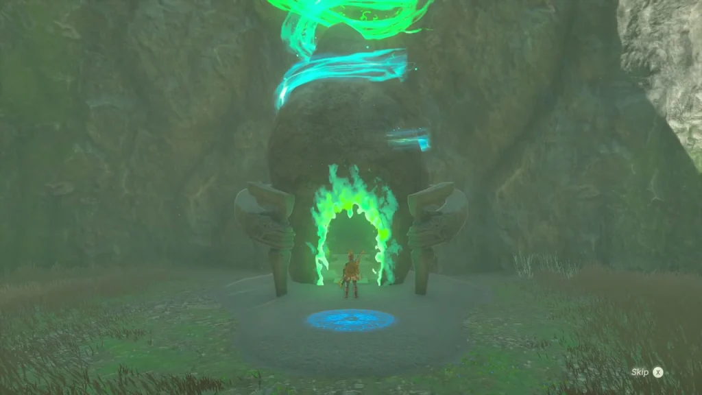 Green-lit shrine doorway in the Hyrule Field plateau Green-lit shrine doorway in the Hyrule Field plateau