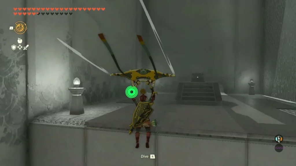 Paraglider crossing the open room toward the chest platform Paraglider crossing the open room toward the chest platform
