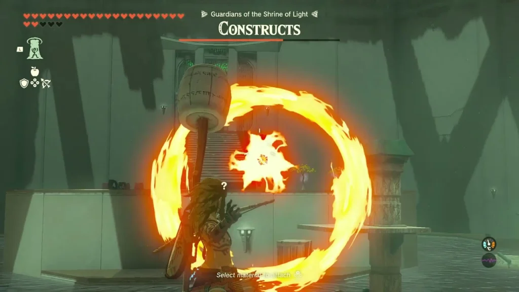 Barrel hammer fused with fire, flames ringing the stick during a swing