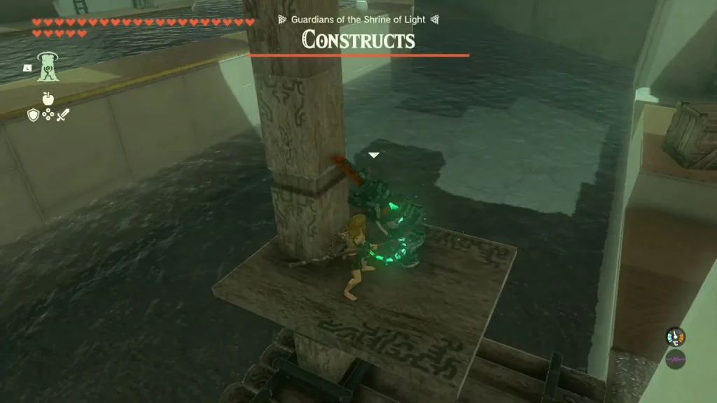 Wooden platform around a carved pillar in the flooded hall with a Construct on it