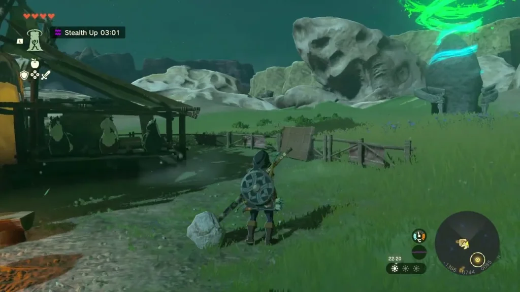 New Serenne Stable beside a grassy rise with the green glow of Sinakawak Shrine and a pale rock outcrop behind New Serenne Stable beside a grassy rise with the green glow of Sinakawak Shrine and a pale rock outcrop behind