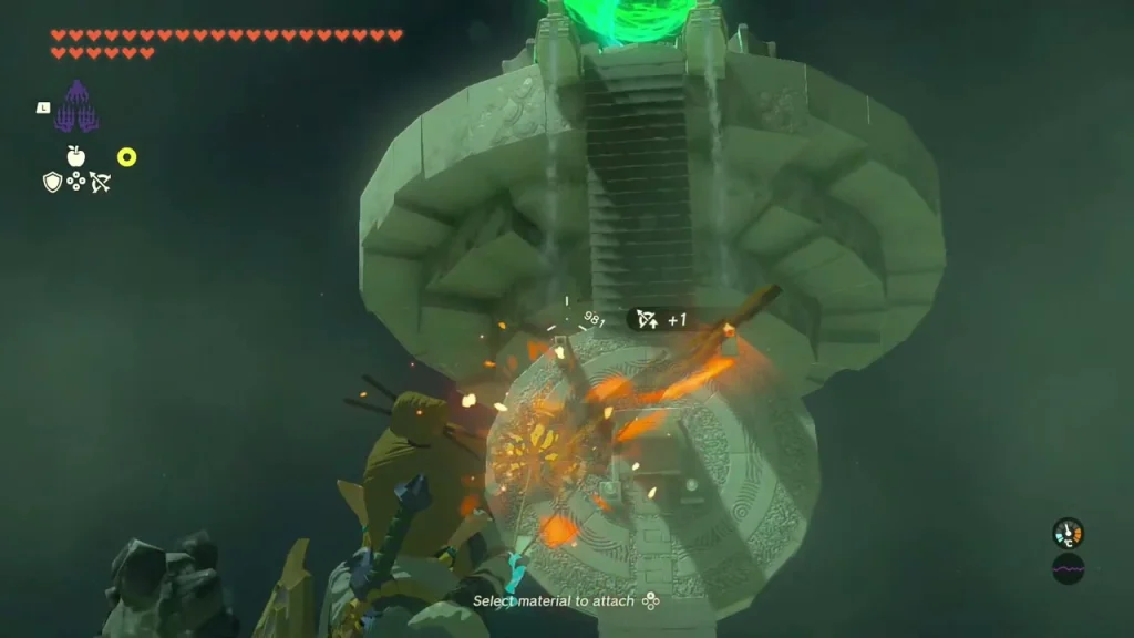 Fire Fruit arrow exploding against the pillar below the upper staircase Fire Fruit arrow exploding against the pillar below the upper staircase