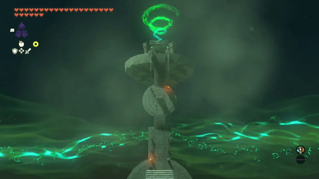 Narrow staircase leading up to a round platform with a green swirl above it Narrow staircase leading up to a round platform with a green swirl above it
