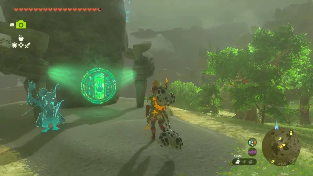 Glowing green shrine disc beside the stone entrance on a roadside Glowing green shrine disc beside the stone entrance on a roadside