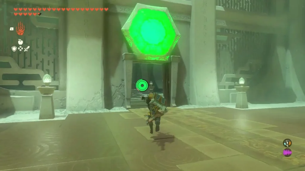 Hexagonal gem above the exit door glowing green Hexagonal gem above the exit door glowing green
