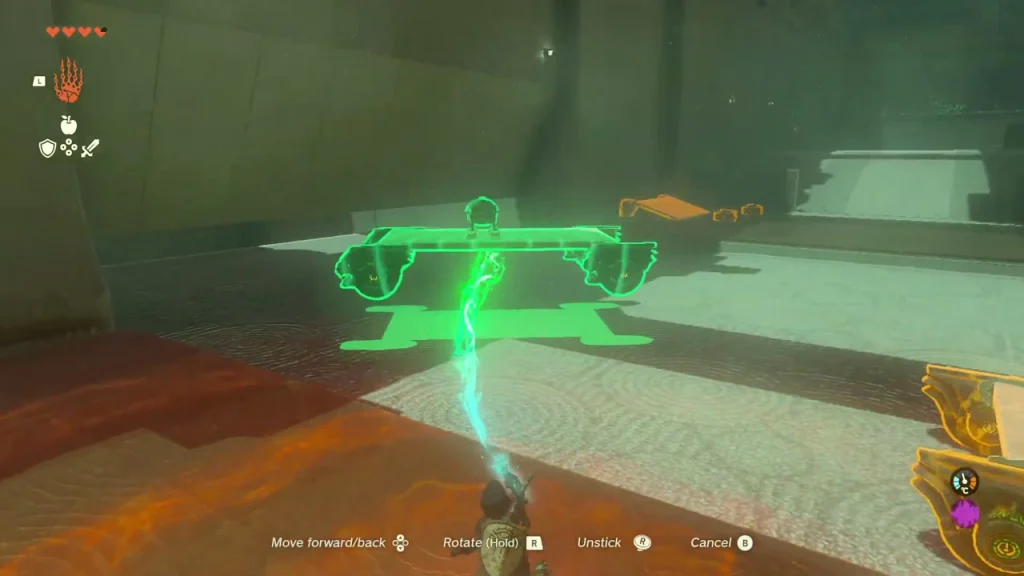 Wheeled cart lifted off the track with Ultrahand, hovering above its green placement outline Wheeled cart lifted off the track with Ultrahand, hovering above its green placement outline