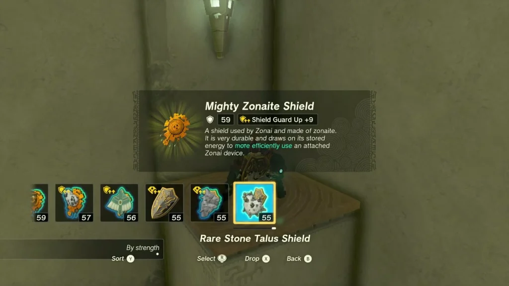 Item box reading Mighty Zonaite Shield from the corner chest Item box reading Mighty Zonaite Shield from the corner chest