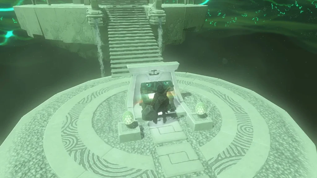 Chest opened on its dais in front of the long staircase
