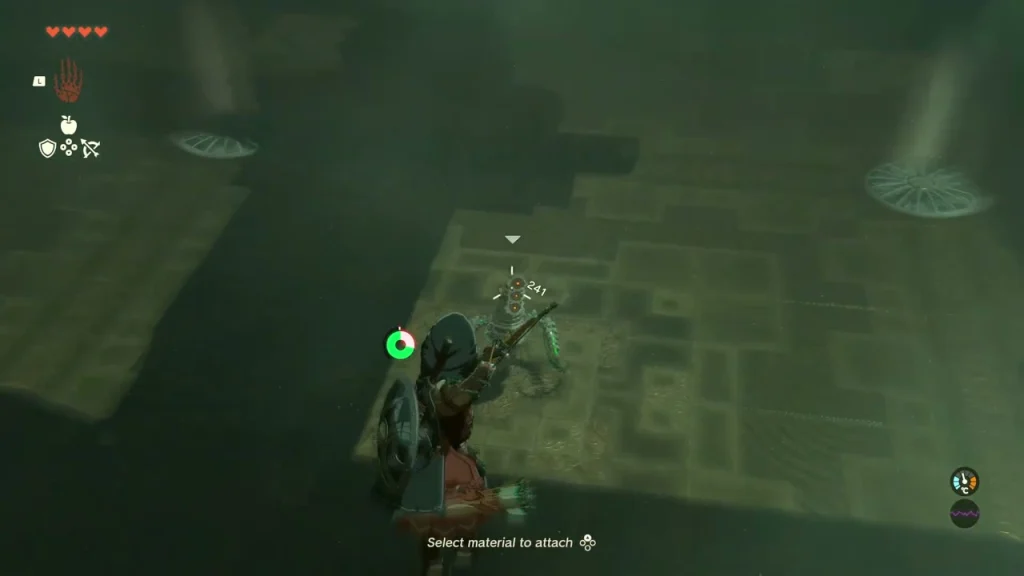 Bow drawn in mid-air, aiming at the Construct in the training hall