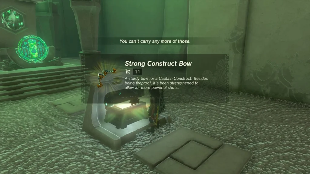 Strong Construct Bow item box shown over the opened chest in front of the altar