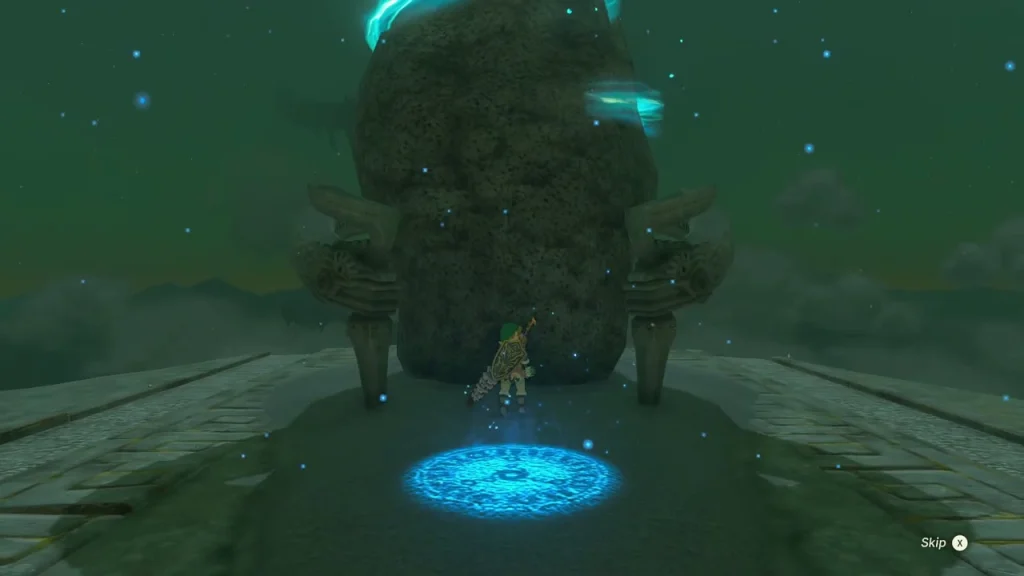 Shrine entrance on a sky island with blue platform Shrine entrance on a sky island with blue platform