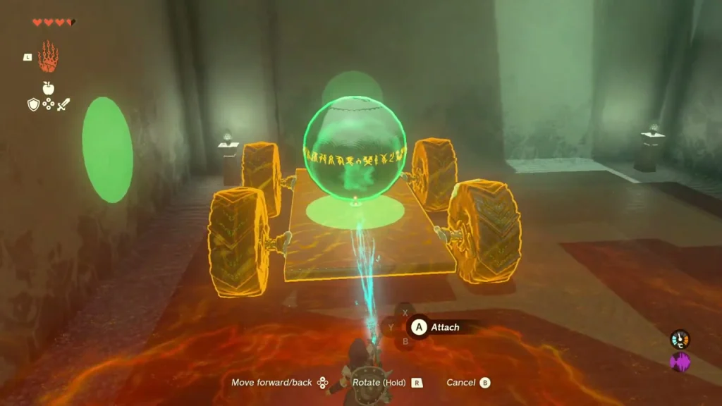 Rune-marked ball above a four-wheeled cart with the Attach prompt showing Rune-marked ball above a four-wheeled cart with the Attach prompt showing