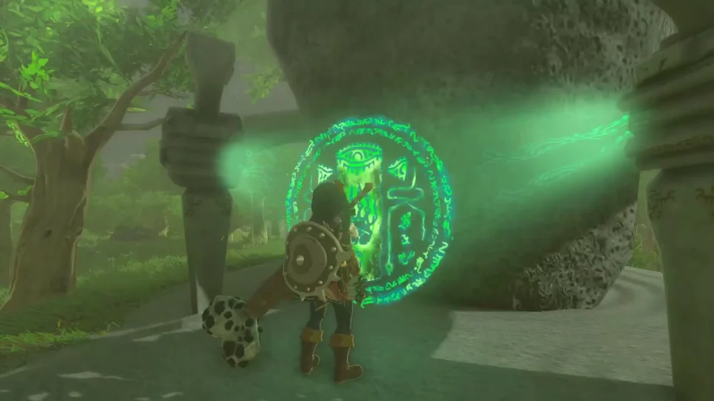 Shrine stone glowing green beside the stone canopy at the end of the path Shrine stone glowing green beside the stone canopy at the end of the path