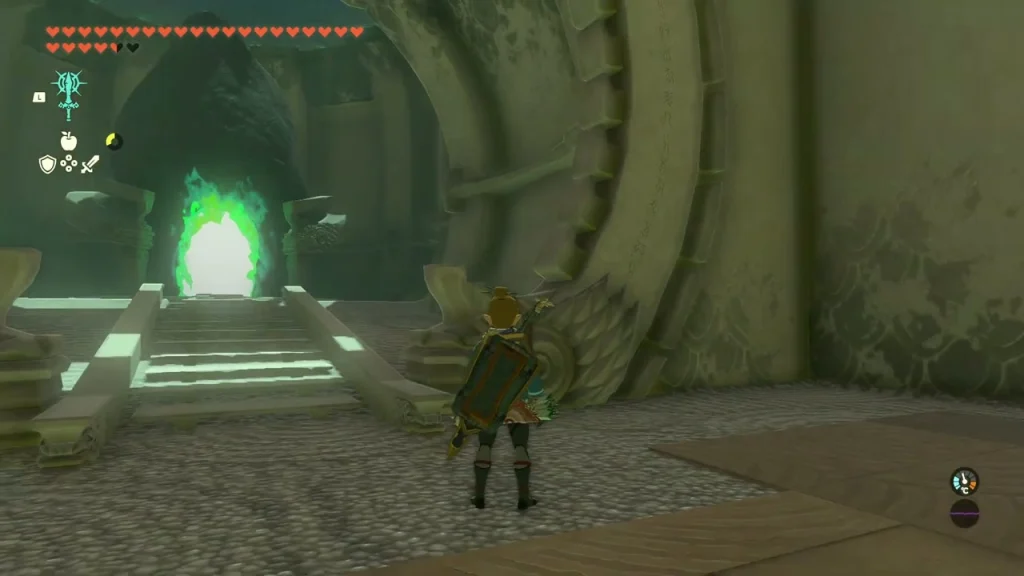 Shrine corridor with a green doorway at the far end