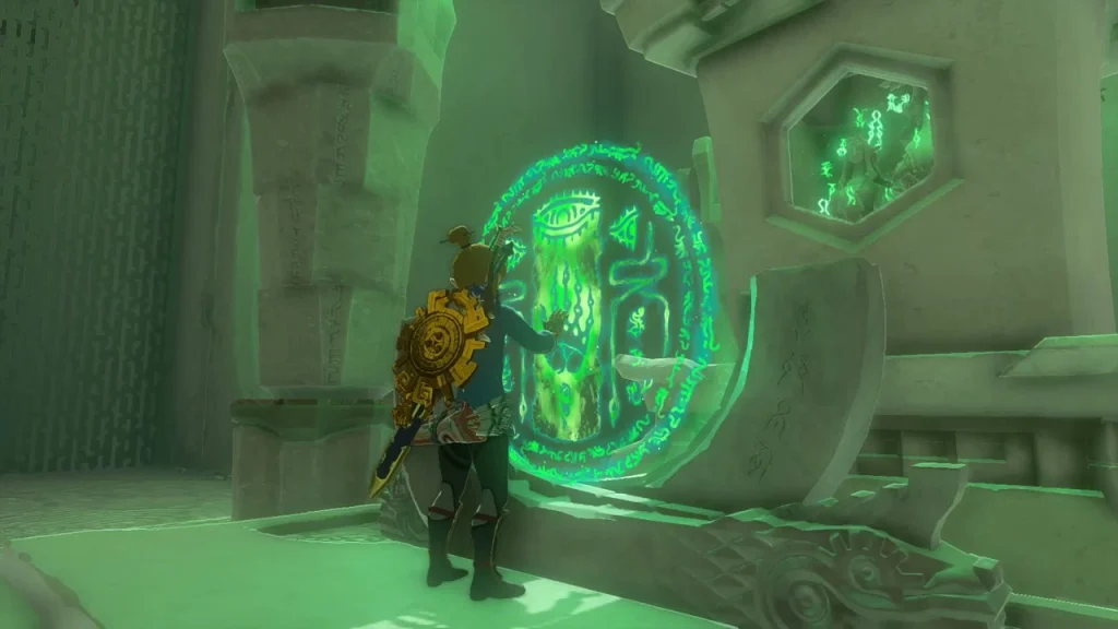 Shrine terminal with its glowing green seal