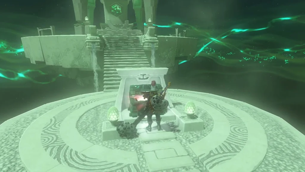 Glowing stone chest at the foot of the stairs on the circular platform