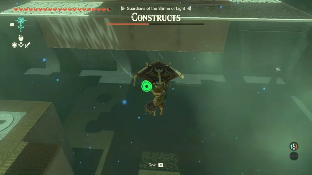 Paraglider open over a dark pit between two platforms under low gravity