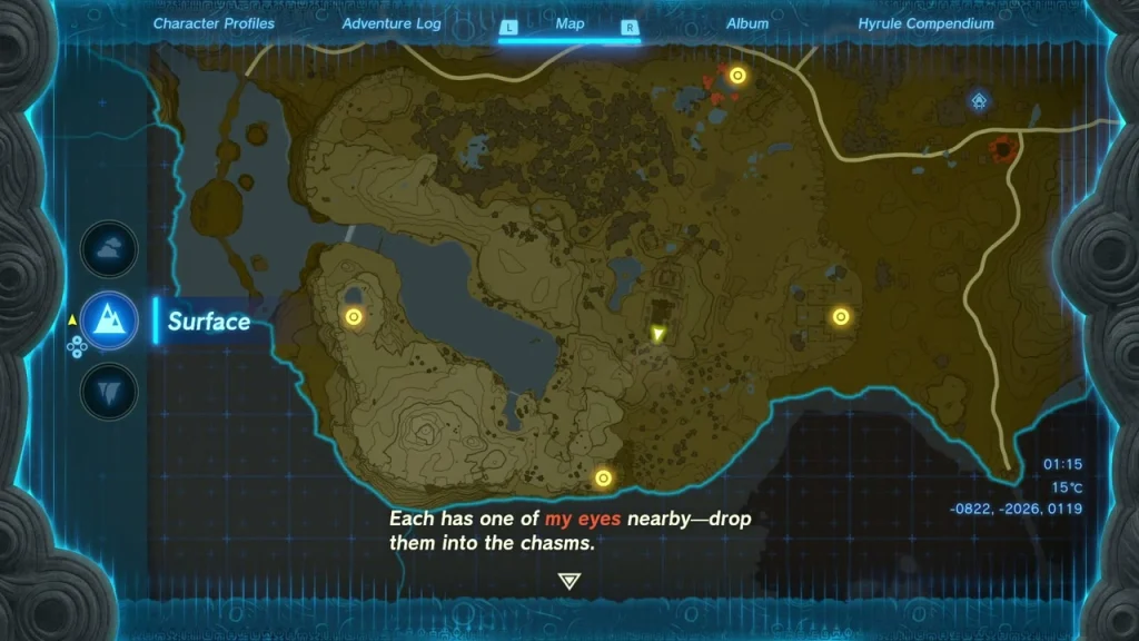 Great Plateau map with four yellow markers for the stone eyes Great Plateau map with four yellow markers for the stone eyes