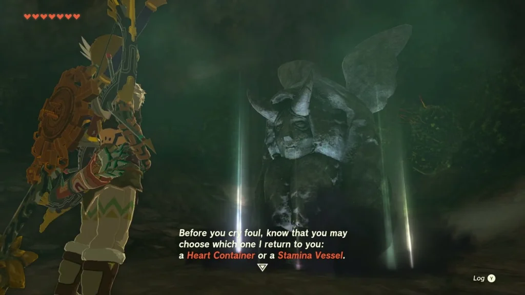 Horned Statue offering a Heart Container or a Stamina Vessel in return Horned Statue offering a Heart Container or a Stamina Vessel in return