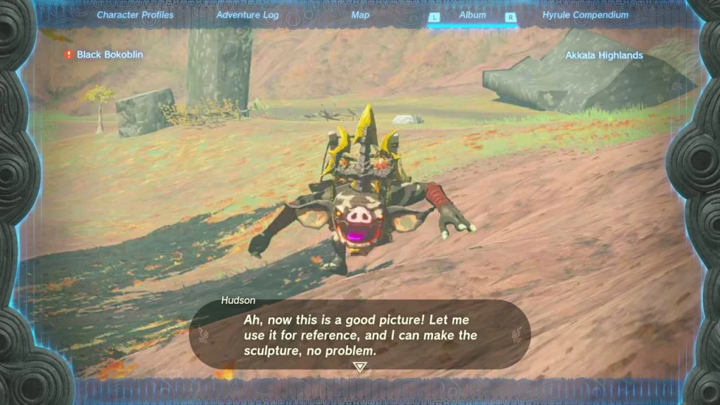 Album photo of a Bokoblin shown to Hudson for reference Album photo of a Bokoblin shown to Hudson for reference