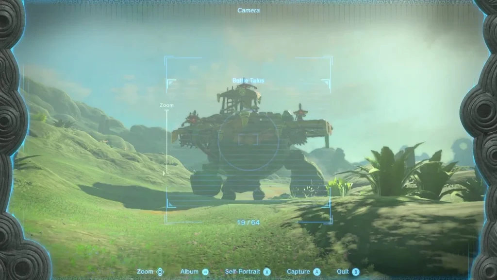 Camera aimed at a distant Battle Talus walking across a green hillside Camera aimed at a distant Battle Talus walking across a green hillside