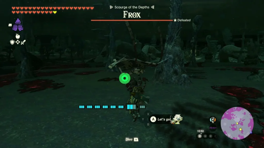 Frox named Scourge of the Depths with its health bar in a dark Depths swamp Frox named Scourge of the Depths with its health bar in a dark Depths swamp