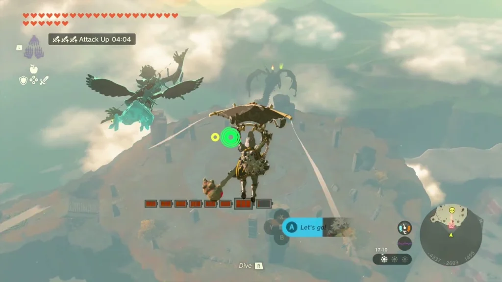 King Gleeok circling above a cloud-wrapped sky island seen from a glider King Gleeok circling above a cloud-wrapped sky island seen from a glider