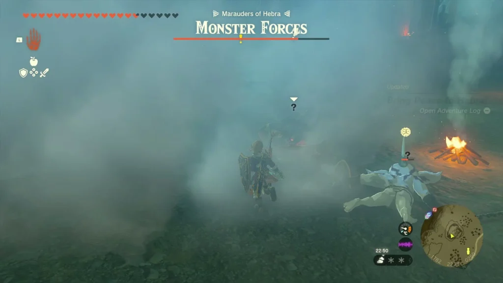 Fog and a campfire in the fort yard with the Monster Forces gauge Fog and a campfire in the fort yard with the Monster Forces gauge