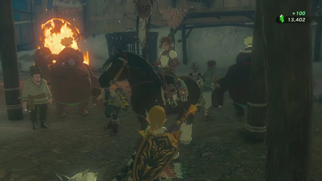 Flaxel's squad gathered by a campfire with a 100-rupee gain Flaxel's squad gathered by a campfire with a 100-rupee gain