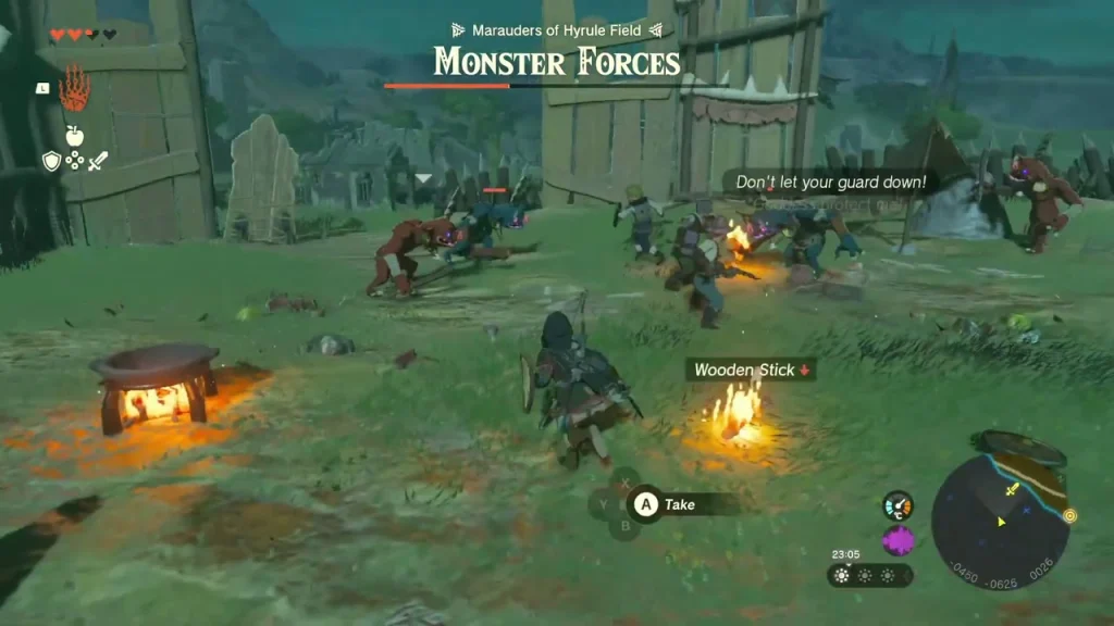Campfire and cauldron inside the monster camp amid a brawl with the squad