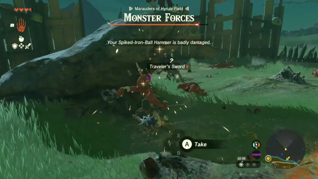 Monster Forces gauge for the Marauders of Hyrule Field above a red Bokoblin fight