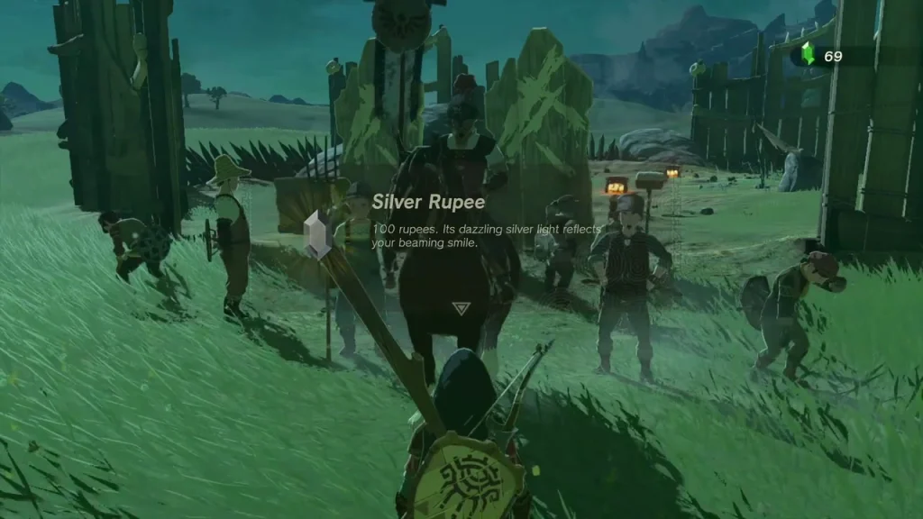Silver Rupee item box, worth 100 rupees, in front of Hoz and the crew