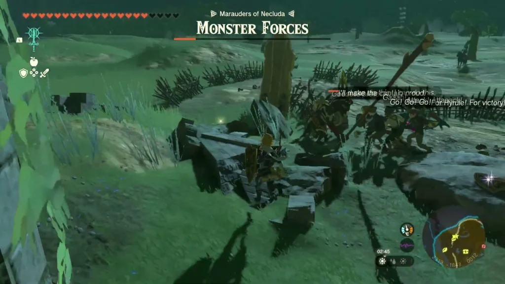 Monsters and soldiers clashing among broken stakes by the fort wall Monsters and soldiers clashing among broken stakes by the fort wall