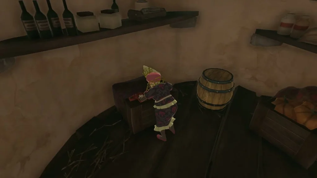 Cece in the silo eating vegetables beside a barrel and crates Cece in the silo eating vegetables beside a barrel and crates