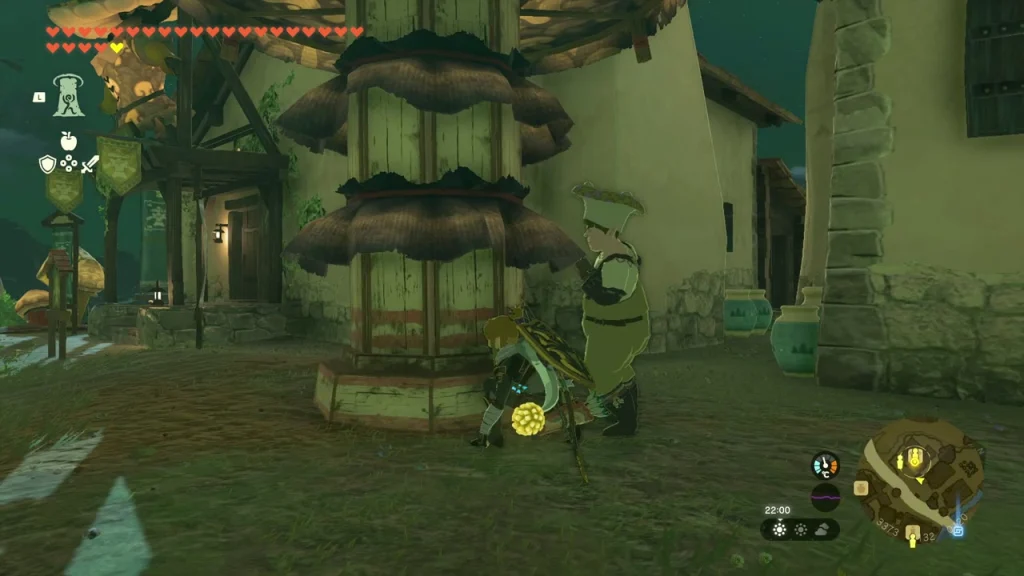 Mushroom-capped tower in Hateno Village at night where Cece passes Mushroom-capped tower in Hateno Village at night where Cece passes
