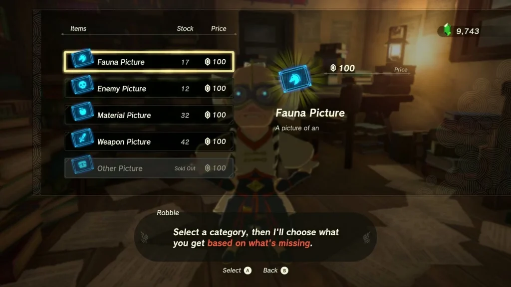 Robbie's shop list with Fauna, Enemy, Material and Weapon Pictures at 100 rupees each Robbie's shop list with Fauna, Enemy, Material and Weapon Pictures at 100 rupees each